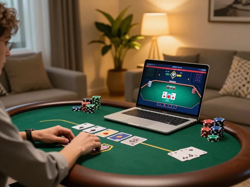 Online gaming at 678vip features engaging poker gameplay in a cozy home setting.