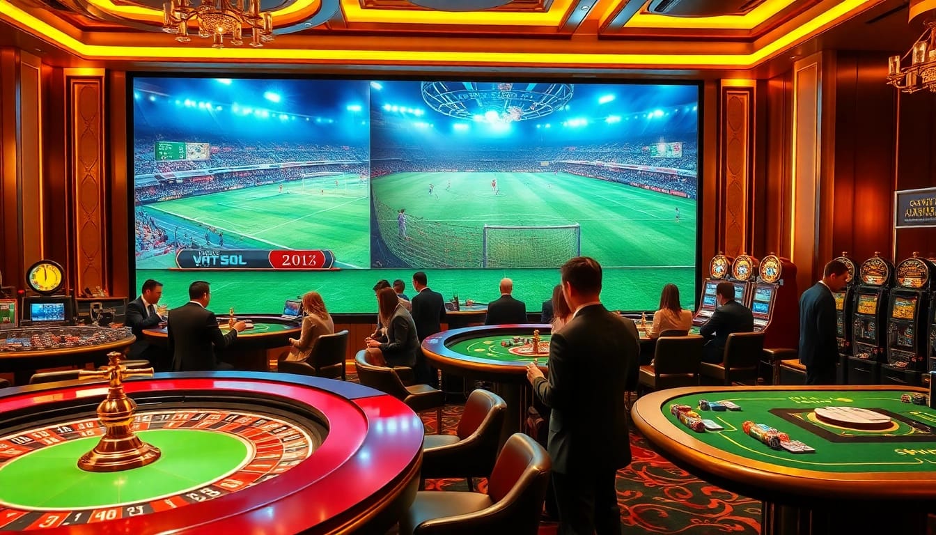 High-stakes Kèo Bóng Đá betting scene with energetic gamblers at a luxurious casino.