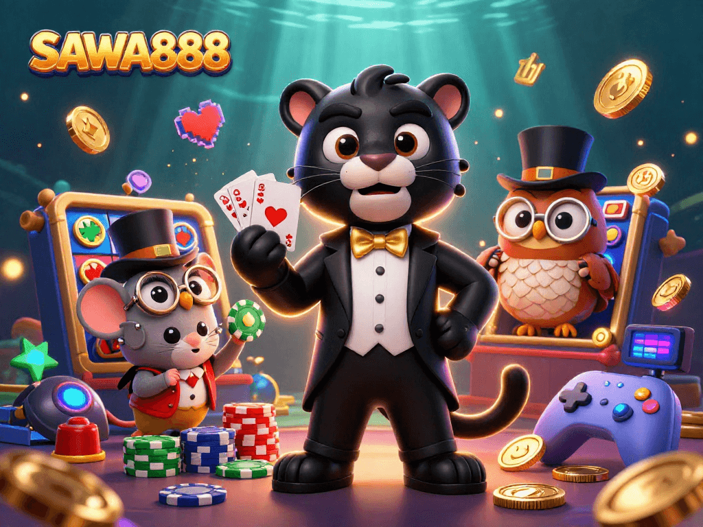 SAWA888 delivers captivating slots adventures with a stylish cartoon panther and friends distributing winning cards.