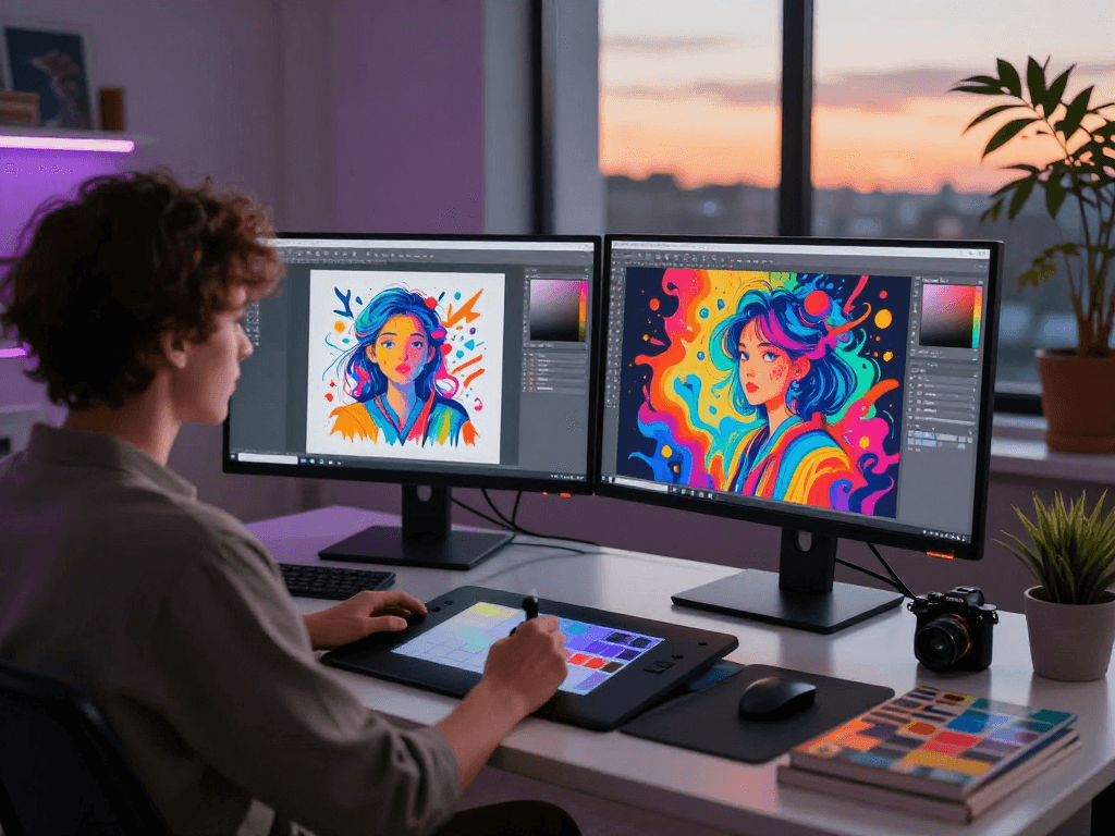 Creative workspace with AI NSFW art being designed on dual monitors, vibrant colors, and digital tools.