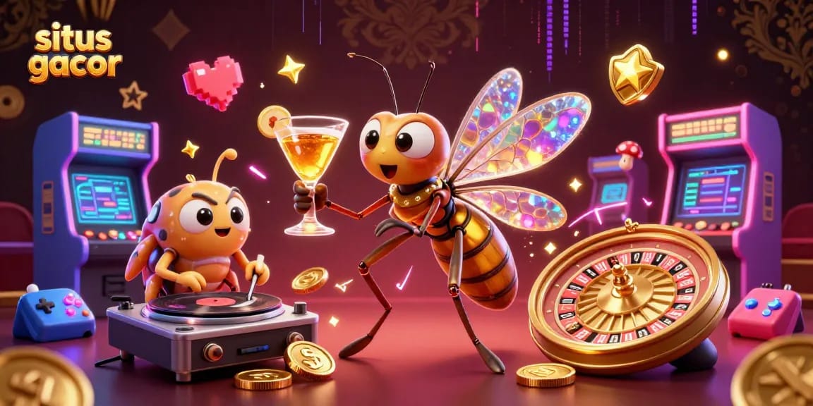 Experience the excitement of situs gacor with a vibrant casino scene featuring animated characters and game elements.