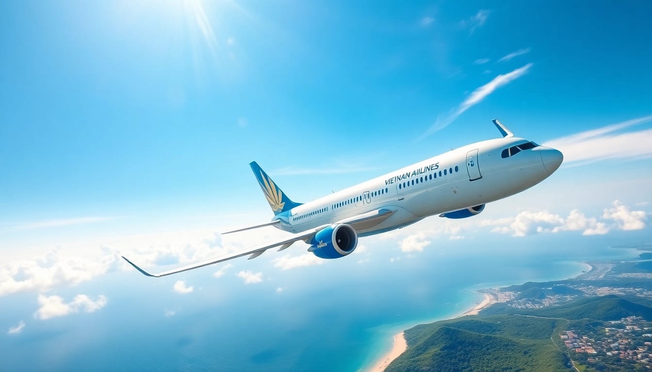 Vietnam Airlines VN168 flight soaring over Danang's coastline, showcasing travel excitement.