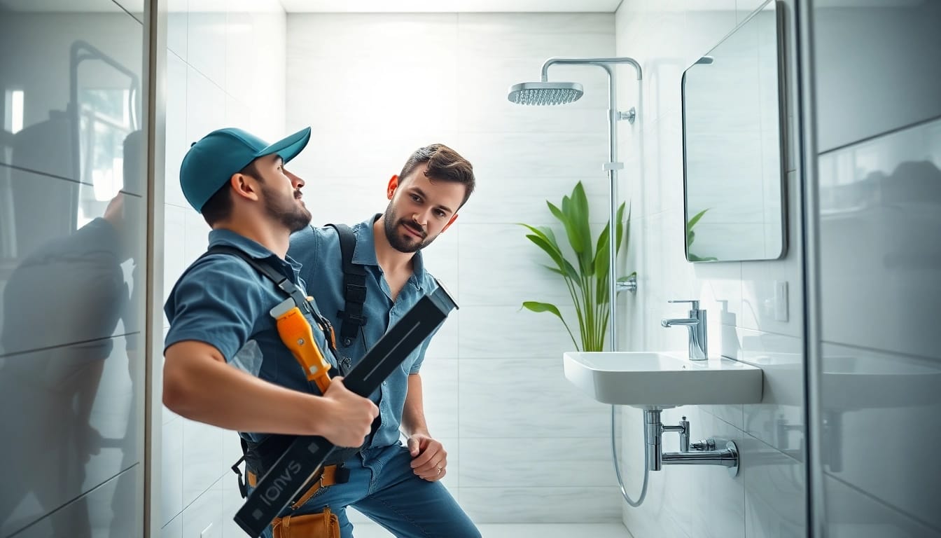Plumber examining a shower not working in a modern bathroom setup, focusing on plumbing tools.