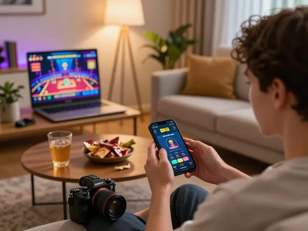 Engaging with the BK8 casino app in a cozy home setup, capturing the thrill of mobile gambling.