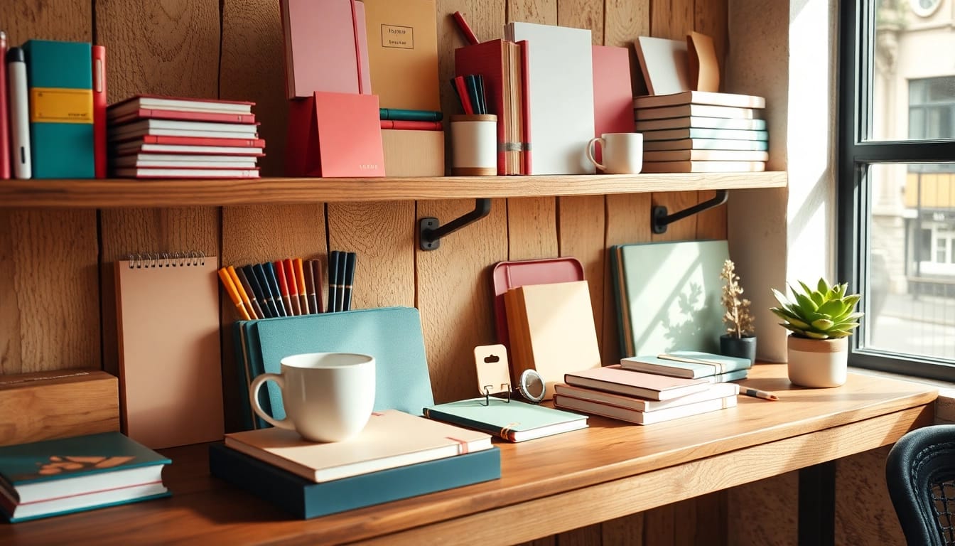 Showcase colorful organized stationery uk items in a welcoming café corner.
