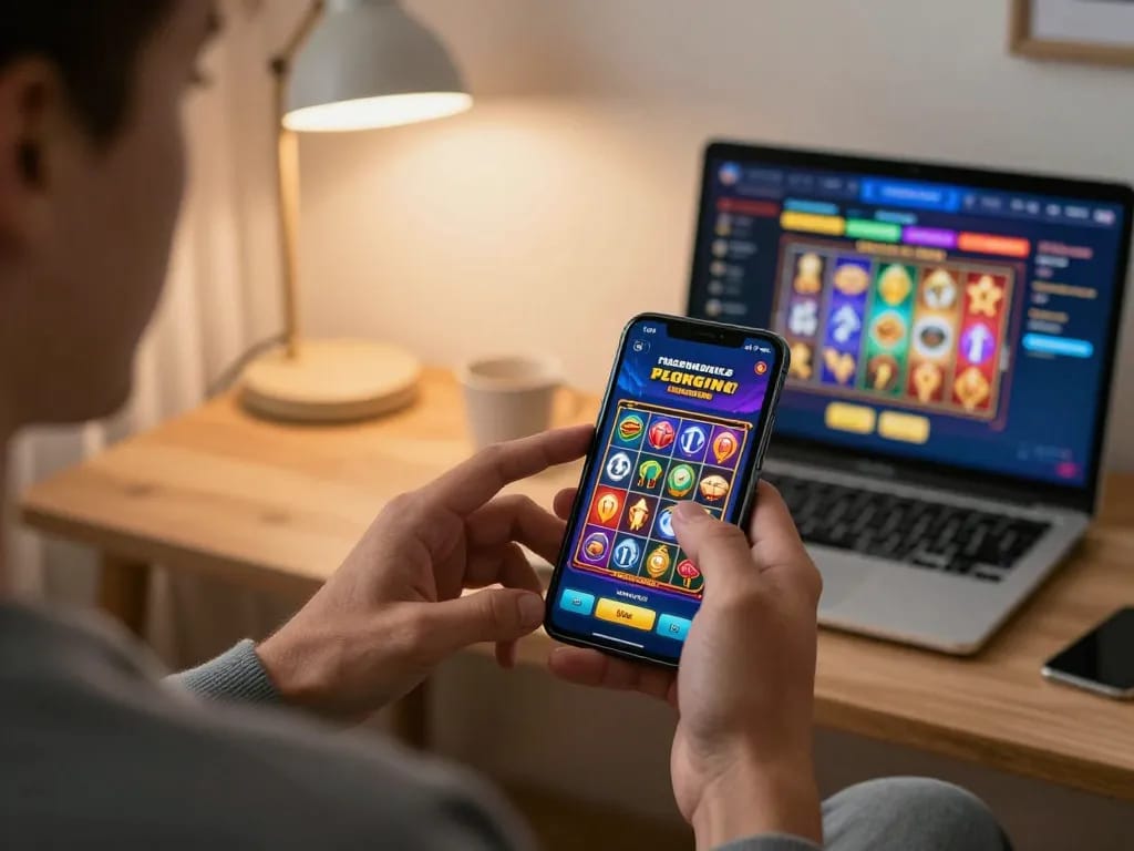 Engaging with nhà cái open88 on a smartphone in a cozy setting with vibrant gaming interface.
