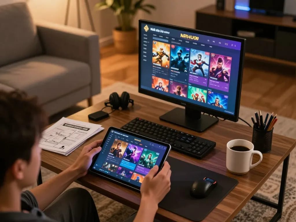 Engaging gameplay at Nhà cái NOHU90 in a cozy home setting with vibrant gaming interface