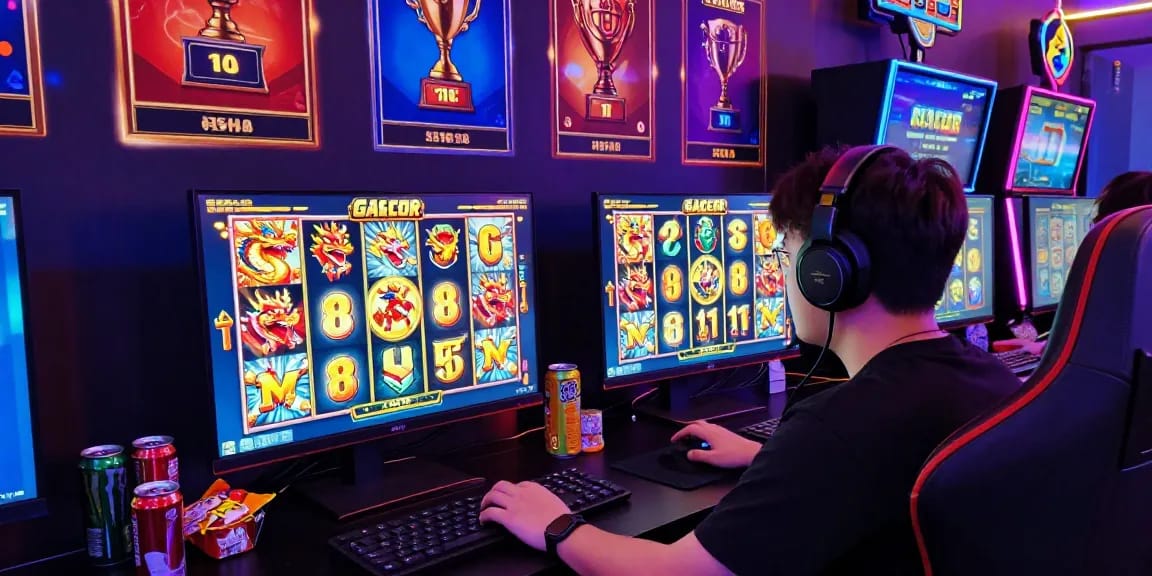 Player enjoying link slot gacor game in a dynamic, vibrant gaming setup.
