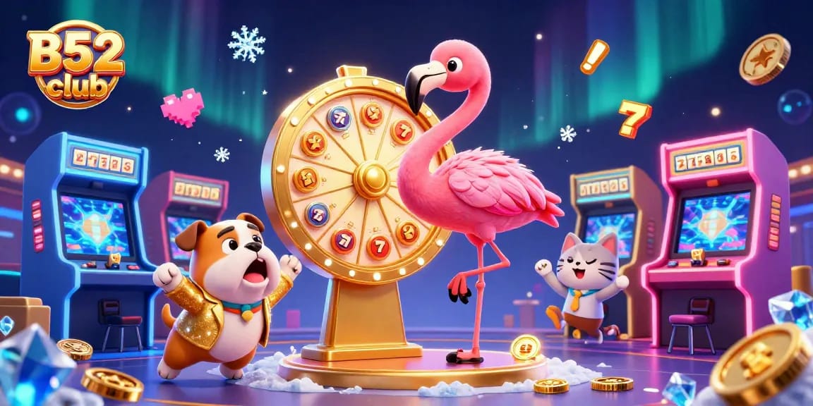 B52 club showcases a vibrant casino scene with a flamingo host, bulldog contestant, and prize-winning excitement.