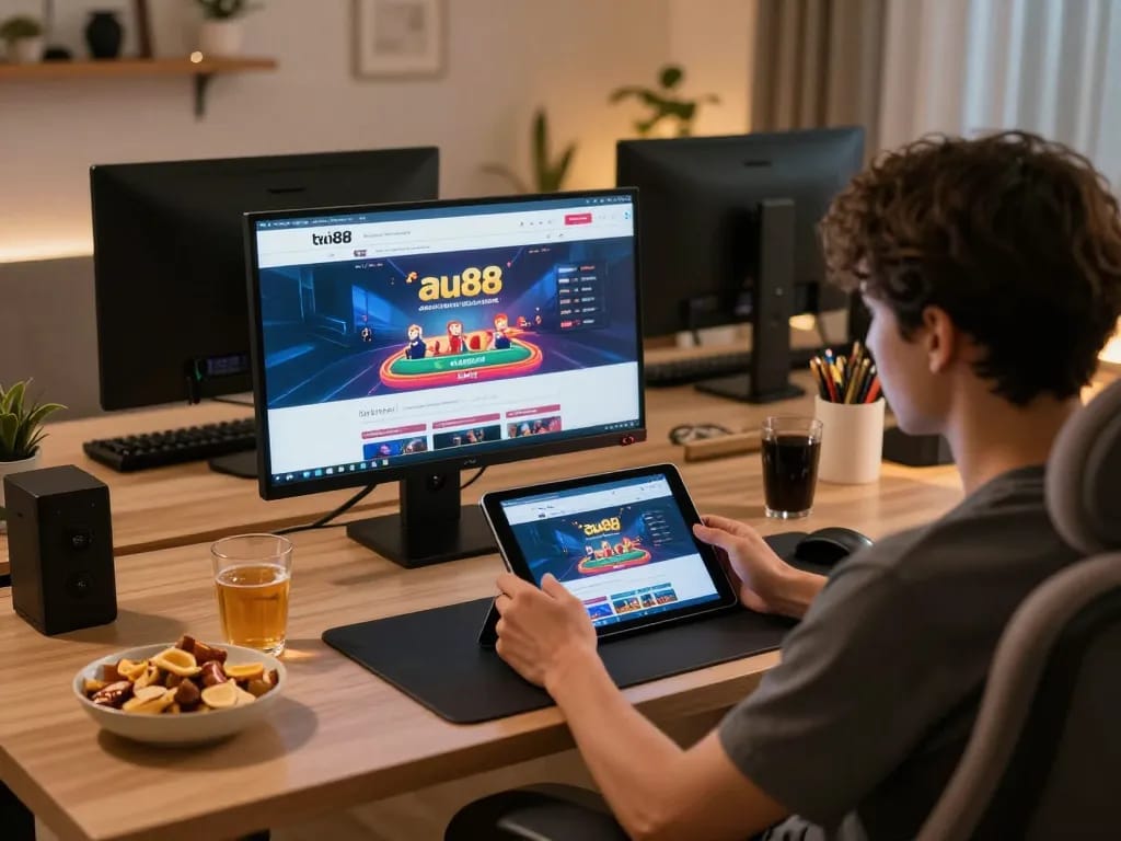 Person engaged with the trang chủ au88 platform on tablet in cozy home setting