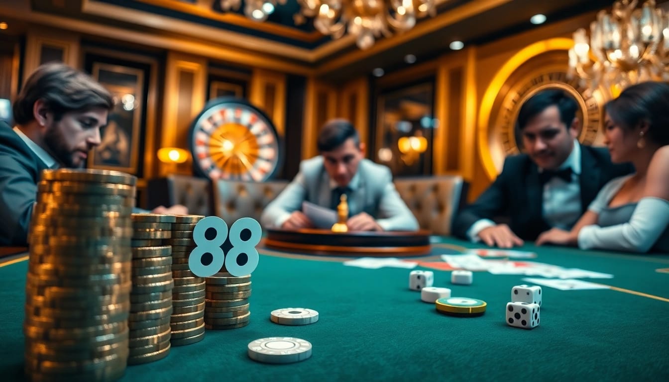 Professional poker players engaging in a high-stakes game, highlighting the excitement of 88i gambling.