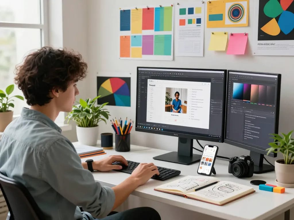 Creative professional using image to prompt generator in modern workspace.
