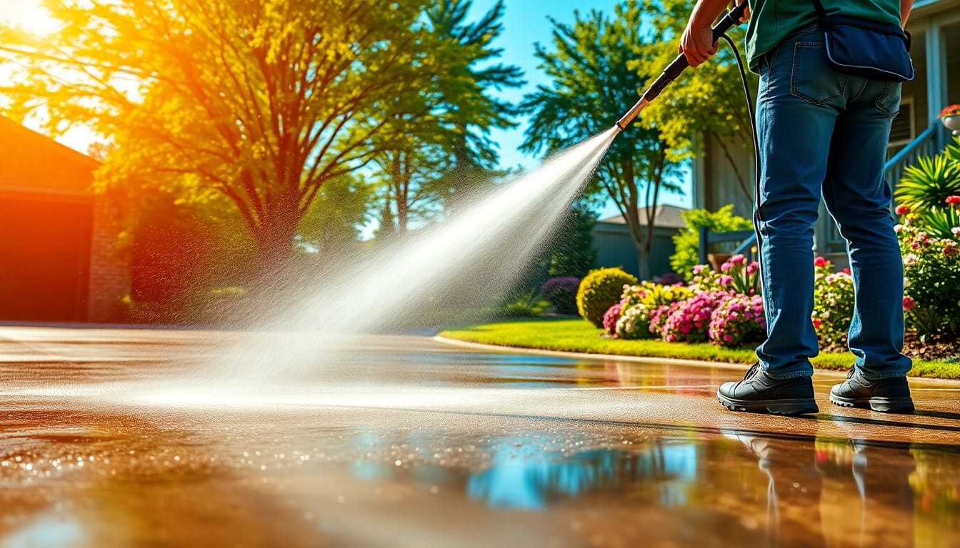 Action-packed scene of pressure washing service revitalizing a driveway.
