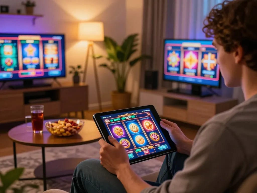 Player enjoying thrilling cm88 slot games on tablet in a cozy home setting.