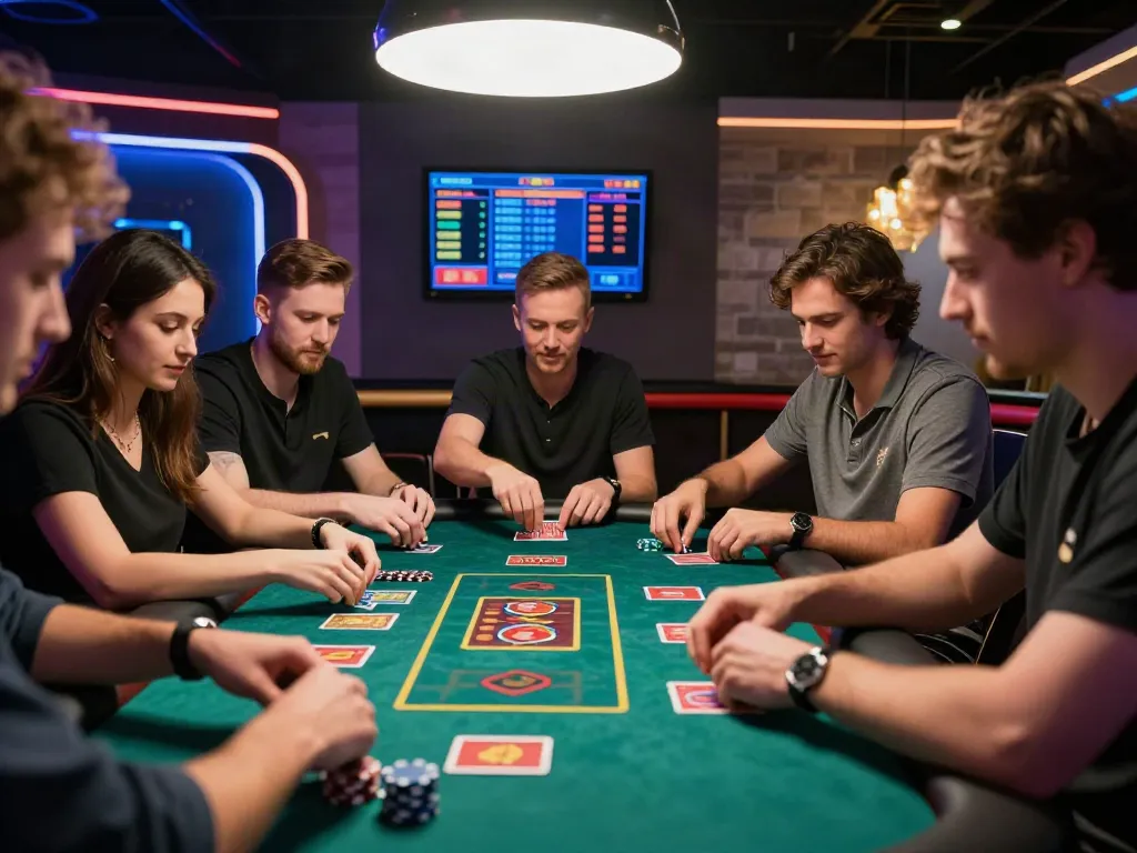 Exciting non gamstop casino scene with players enjoying games around a vibrant table in an engaging atmosphere.