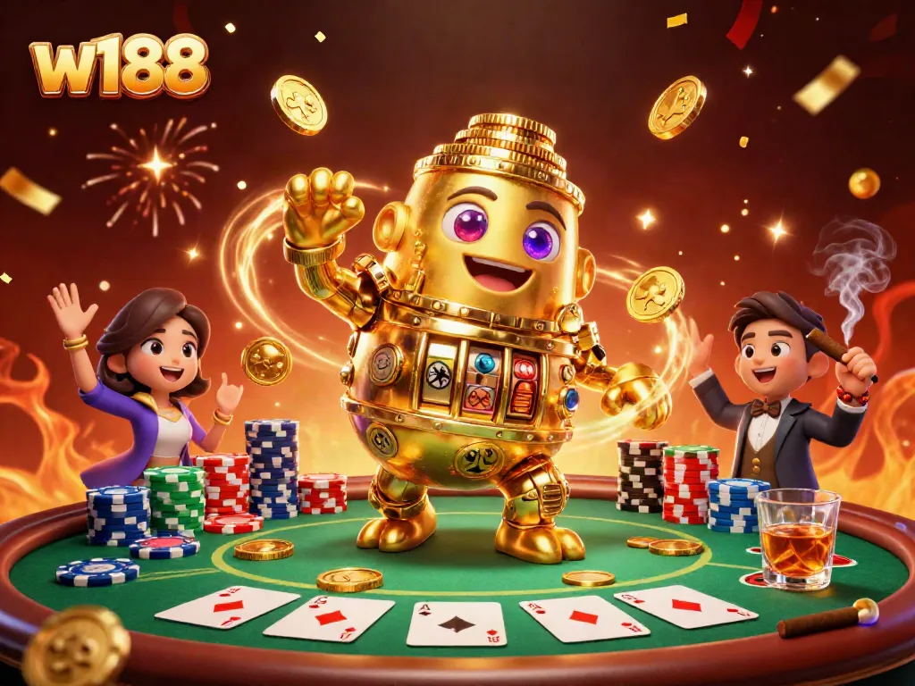 Engage with the exciting world of w188 as you play against a golden golem surrounded by poker elements.