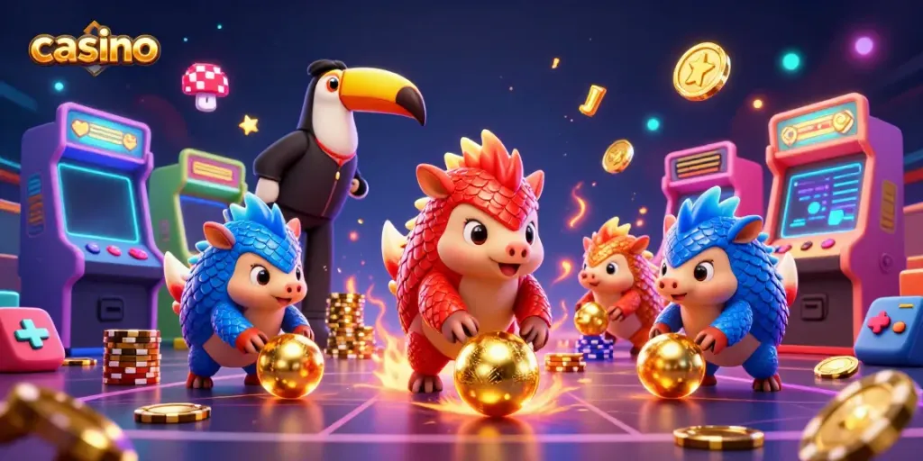 Rival pangolins competing in an animated casino scene, showcasing vibrant gambling elements.