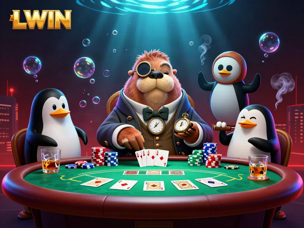 LLWIN showcases an underwater poker scene with a jovial walrus, an elegant penguin dealer, and a bluffing pufferfish.