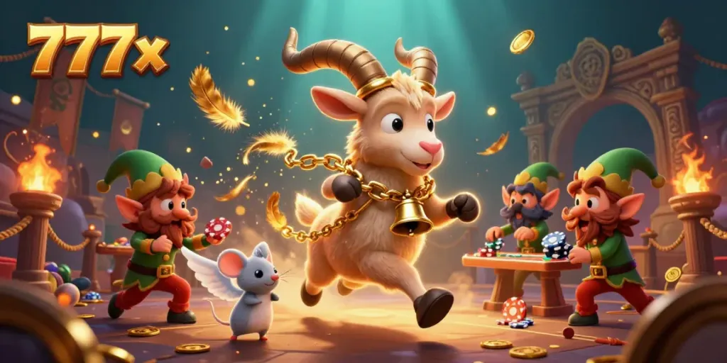 Engage in the thrilling atmosphere of 777x, where a Krampus goat and mischievous elves create chaos in a festive casino