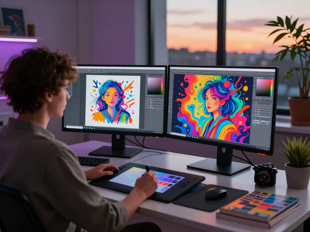 Creative workspace with AI NSFW art being designed on dual monitors, vibrant colors, and digital tools.