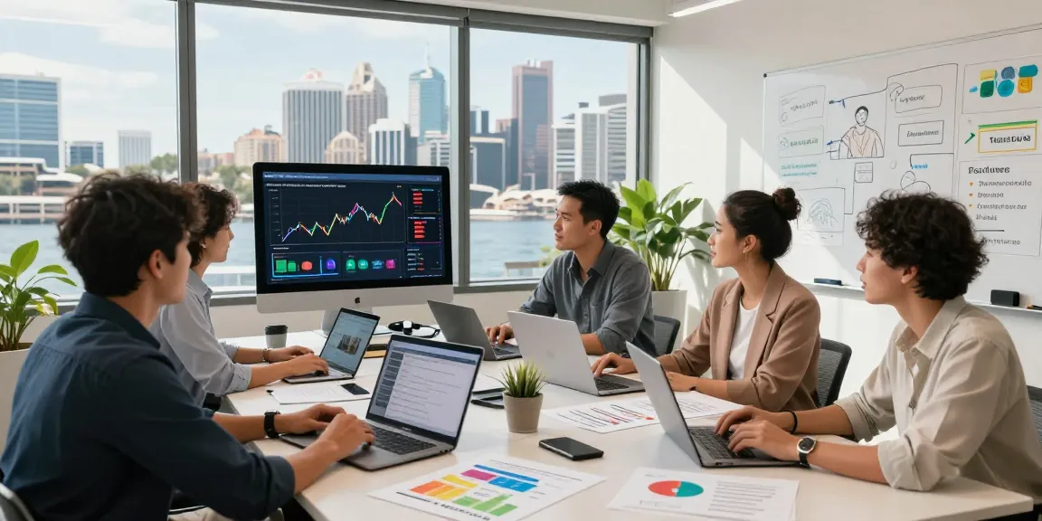 Best Sydney Airbnb managers collaborating in a bright office with charts and city views.