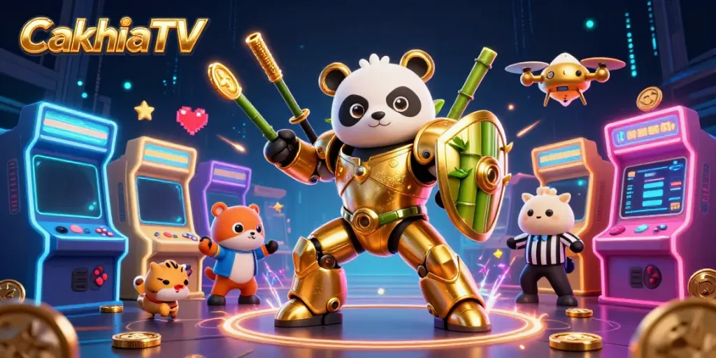 CakhiaTV features a dynamic scene with a golden panda in a mech-suit battling in a lively arcade setting.