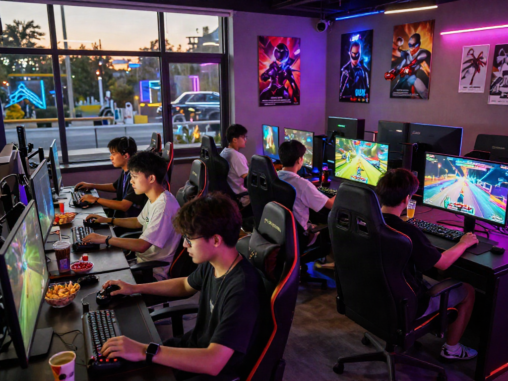 Players enjoying exciting porngames in a vibrant urban gaming lounge.