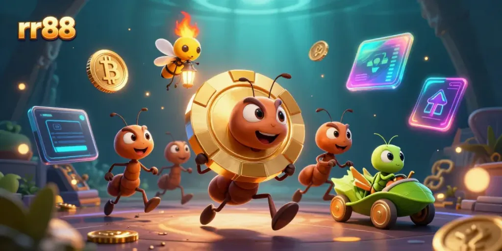 Experience thrilling gameplay with rr88, featuring animated ants on a heist with golden poker chips.