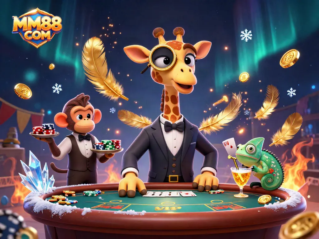 Engage in thrilling gameplay with MM88 COM, showcasing a vibrant casino scene filled with colorful characters and poker elements.