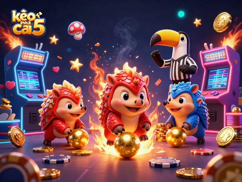 Engage with kèo nhà cái 5 as rival pangolins compete in a vibrant casino scene filled with game elements.