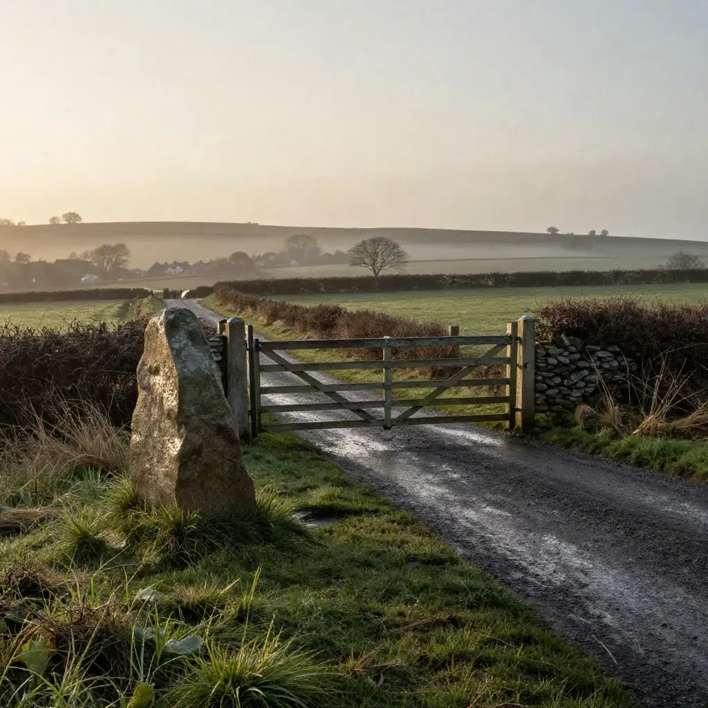 Dawn-lit UK greenfield plot with timber gate, sandstone stone, and misty village rooftops.