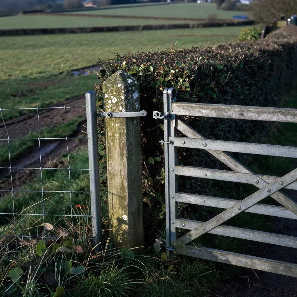 Stone boundary corner with split wire fence and two weathered gates at a hedge break.