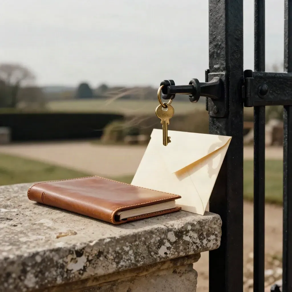 Gate latch swings shut beside a brass key ring, leather folio and sealed envelope on stone.