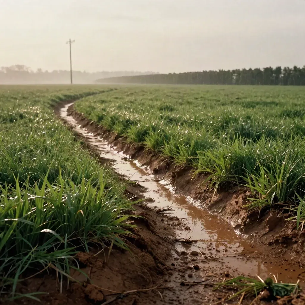 Wet South East field fringe with fresh soil, lone utility pole, and sun breaking through after rain.