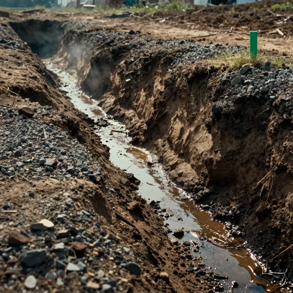 Ground-level swale, test pits and gravel with water draining through clay