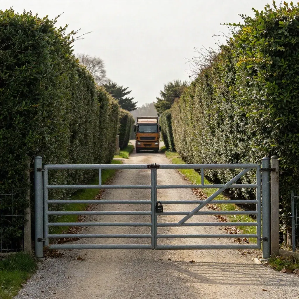 Tight hedge corridor, locked farm gate, and rutted turning circle on a rural access track.