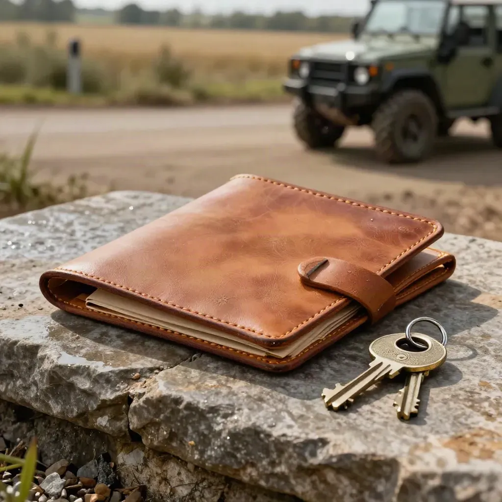 Wet gate keys and a leather folio on a sandstone verge, with a blurred estate vehicle beyond.