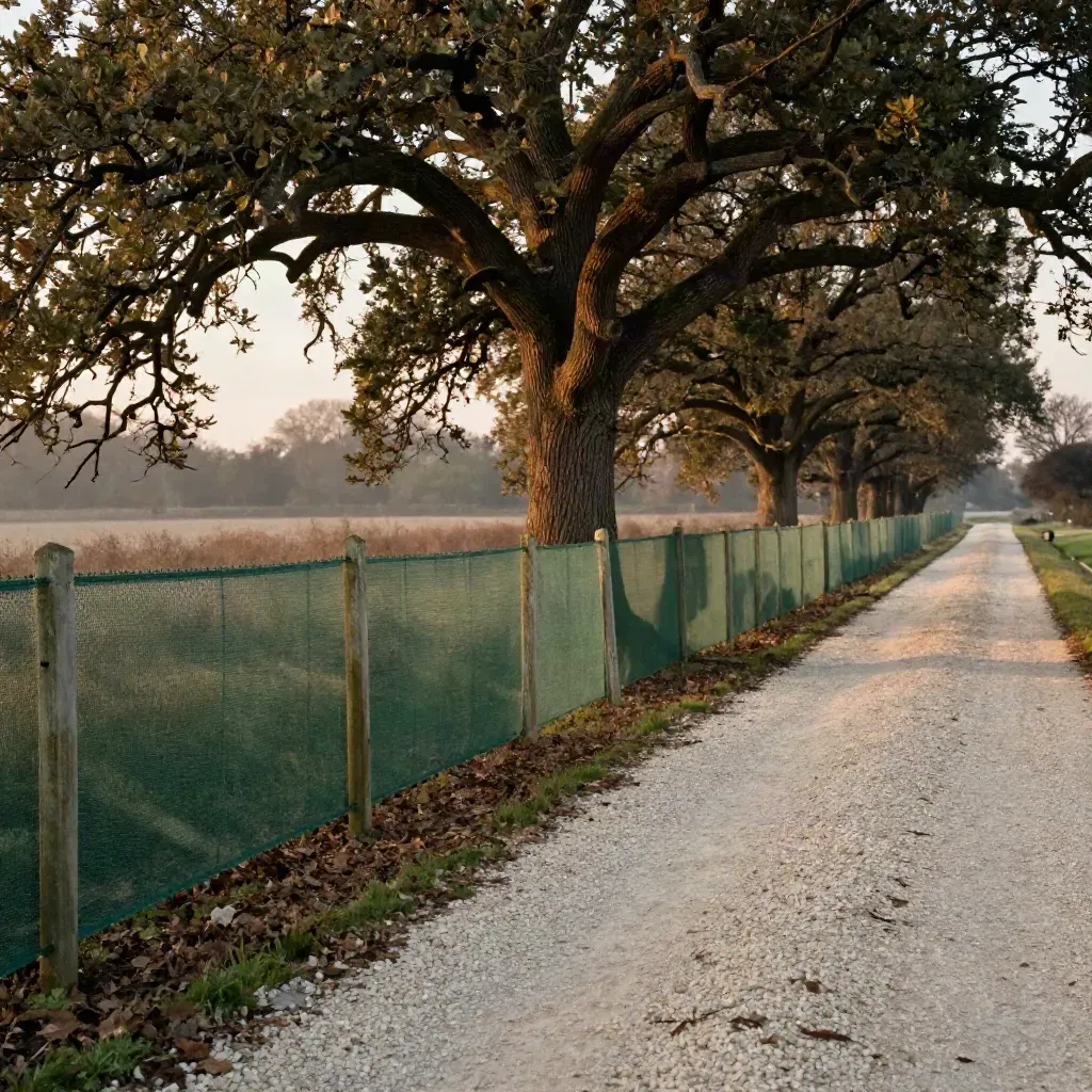 Oak beside root-protection fencing and a clean access strip at a site edge
