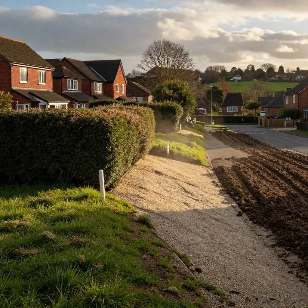 Diagonal view down to a South East plot edge with hedges, gravel and rooftops under moving cloud.