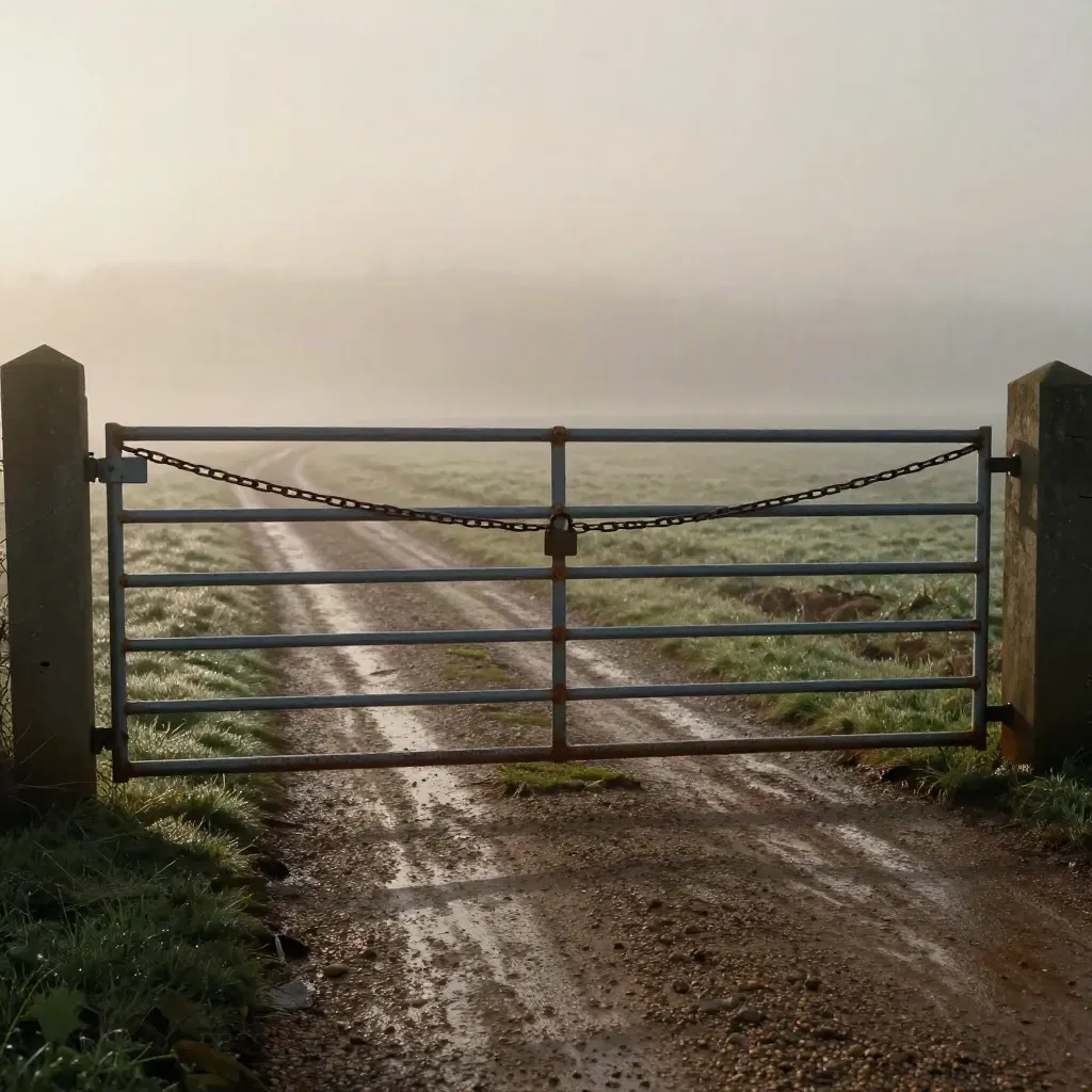 Locked field gate over wet gravel, flattened grass, and foggy morning light