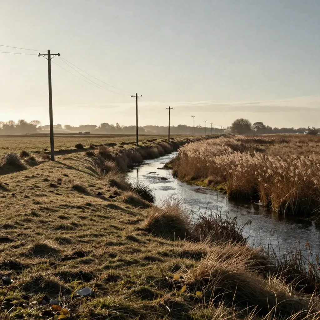 Late-sun pasture with brook and telegraph poles fading into haze