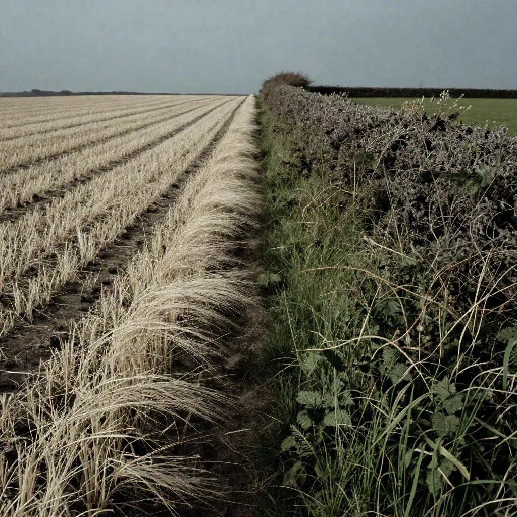 Top-down split of cut and overgrown plots divided by a hedge, with wind-lifted seed heads.