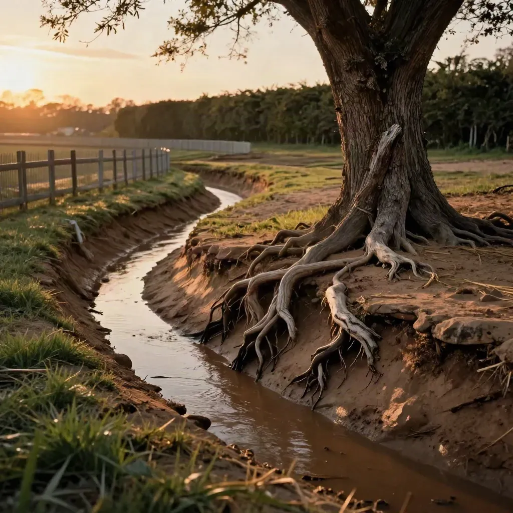 Rooted field edge with flood ditch and temporary fence in warm sunset light.