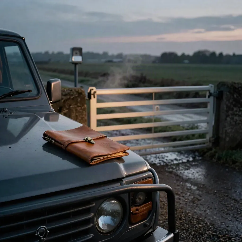 Parked 4x4 by a half-open site gate with a leather folio on the bonnet at dusk