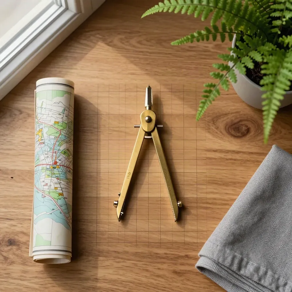 Overhead flatlay of a brass compass, map tube, fern and folded cloth on oak in soft window light.