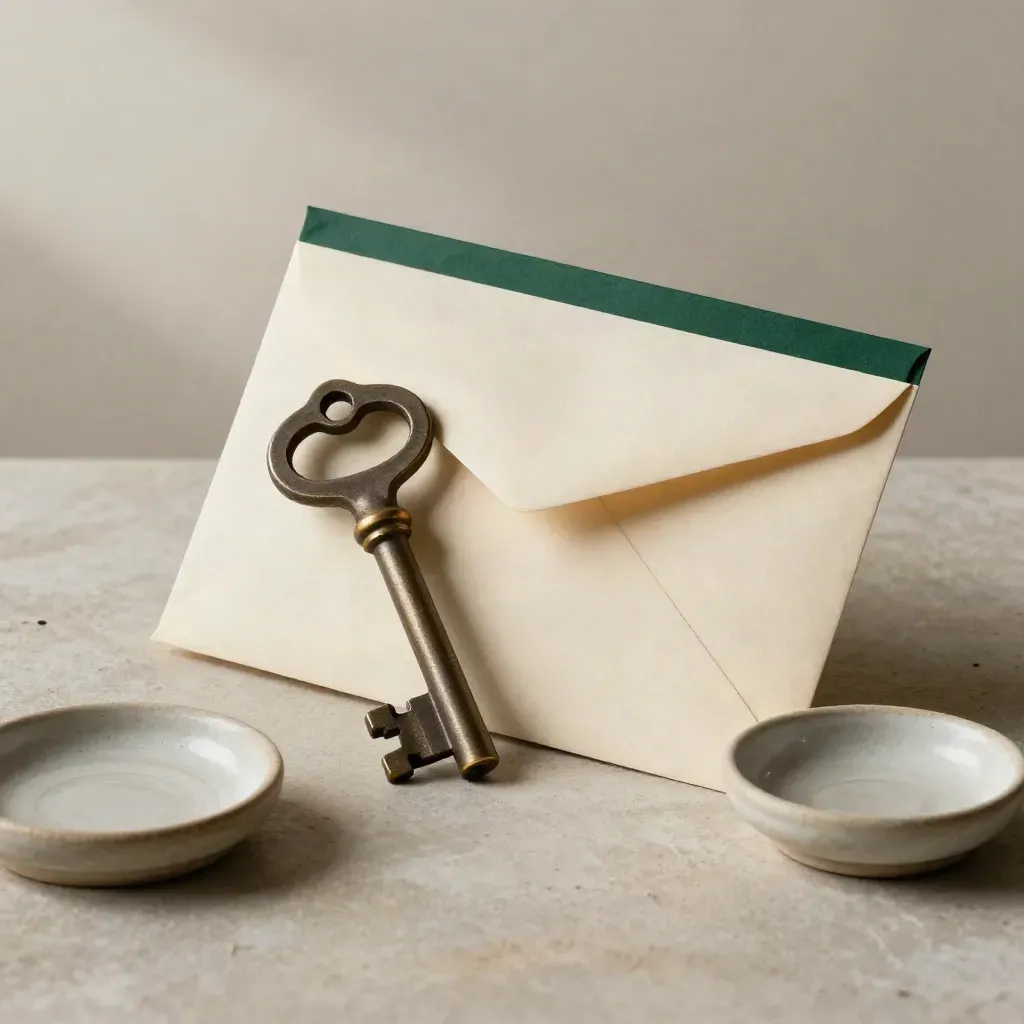 Old key beside archival envelope and ceramic dish on pale stone, softly lit