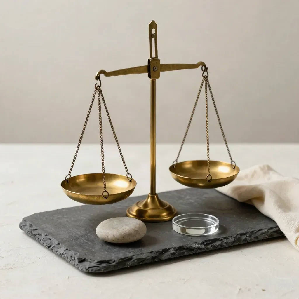 Brass scales, river stone, and glass disc on a dark tray, softly lit.