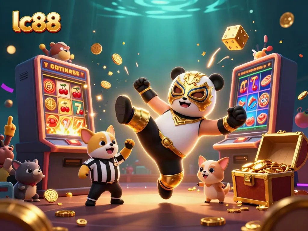 Experience thrilling gameplay with lc88 as a panda wrestler and chihuahua referee in a vibrant casino scene.