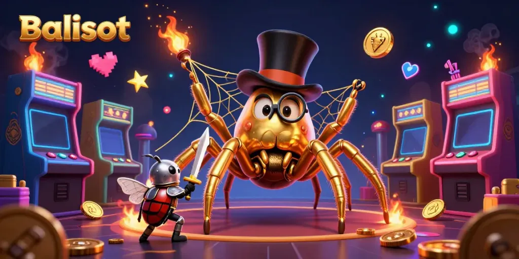 Balislot features a golden tarantula weaving a web between casino pillars in an exciting gaming scene.