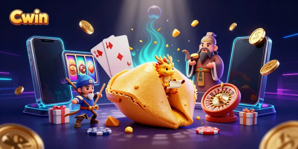 Cwin showcases vibrant casino action with a golden fortune cookie and dynamic elements in a 3D scene.